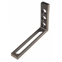 This right-angle bracket provides rigid 90-degree connections for industrial mounting and support applications. It features a 5-inch slot and three holes for adjustable fastening to structural members or machinery bases.