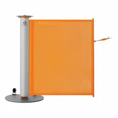 Retractable belt barrier system with a single post, 40 in height, and an 11 1/2 ft orange belt with no pattern. The gray base and included hardware enable portable setup for crowd control and area delineation in facilities such as airports, event spaces, and industrial environments.