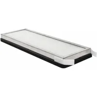 Rectangular panel cabin air filter with paper media. Includes pull tabs for installation. Used in construction equipment cabins to filter airborne particles