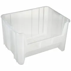 This stationary plastic bin measures 19 7/8 in x 12 1/2 in with an overall length of 15 1/4 in. Its clear construction allows visual identification of contents, and the stacking-capable design supports vertical storage organization in industrial settings.