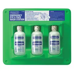 This supplemental eyewash bottle station includes three 8 oz eyewash bottles in a plastic housing. It provides a compact, single-use solution for flushing contaminants from eyes in areas where immediate access to plumbed eyewash stations is limited.