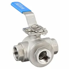 Three-way ball valve with T-port design for diverting or mixing flow in piping systems. Constructed from CF8M stainless steel with 1-inch FNPT connections on all three ports. Features a locking lever handle for secure manual operation. Suitable for industrial fluid control applications requiring flow routing.