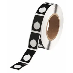 Polyester, black (gloss) precut label roll for raised push button identification. Each label measures 1 29/32 in x 1 13/64 in, with 250 labels per roll. Compatible with THT printer series for on-demand printing in industrial panel and machinery applications.