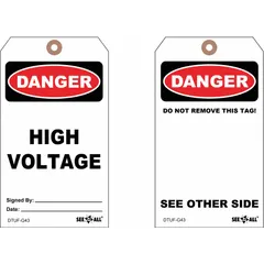White single-part danger tags with cotton string fastener, supplied in packs of 25. Legend is single-sided. Used for hazard identification in lockout/tagout procedures to warn of danger, high voltage, or equipment that must not be removed.
