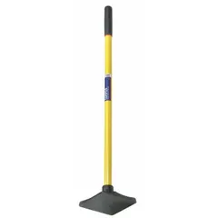 Hand tamper with an 8-inch wide cast iron blade and a 42-inch overall length. Features a fiberglass handle with a comfort grip. Used for compacting soil, gravel, sand, or asphalt in construction and landscaping applications.