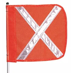 Orange warning whip with white reflective X, 5 ft overall height, 11 in flag height, and hex base. Non-lighted design for marking vehicles, equipment, or hazards in warehouses, construction sites, and material handling areas.