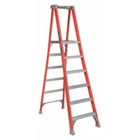 This 6 ft fiberglass podium stepladder has a 300 lb load capacity and weighs 30 lb. It includes impact-resistant bracing for structural reinforcement. Suitable for general maintenance, electrical work, and construction tasks requiring a stable elevated platform