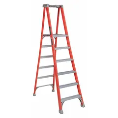 This 6 ft fiberglass podium stepladder has a 300 lb load capacity and weighs 30 lb. It includes impact-resistant bracing for structural reinforcement. Suitable for general maintenance, electrical work, and construction tasks requiring a stable elevated platform.