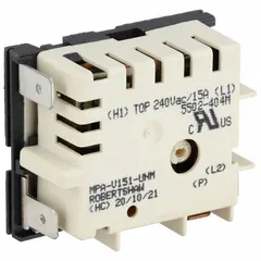 Infinite switch for variable heat control in commercial cooking equipment and HVACR systems. Regulates power to heating elements, enabling precise temperature adjustment. Suitable for ranges, ovens, and griddles.