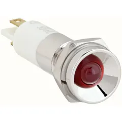 Red LED indicator pilot light with protruding head for 10 mm panel mounting hole. Features a 0.11 Male Quick Disconnect electrical connection. Used for visual status indication on control panels, machinery, and equipment.