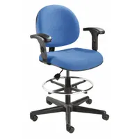 This drafting chair from the Lexington series features a blue fabric seat with 18-inch width and depth, adjustable arms, and a black nylon frame. Designed for elevated seating at drafting tables or workstations, it supports extended seated tasks in technical environments