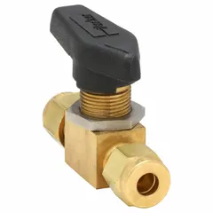 This brass instrumentation ball valve features a straight, one-piece body with compression x compression connections and a lever handle for manual operation. It is used for flow control in pneumatic, hydraulic, and process lines.