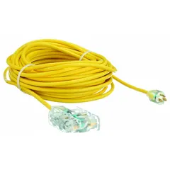 This 100 ft outdoor extension cord features six outlets and a NEMA 5-15P plug. Constructed with 12/3 SJTOW cable in yellow, it is rated for temperatures from -58° to 194°F. Suitable for powering tools, lights, and equipment in outdoor settings such as construction sites, landscaping, and event setups.