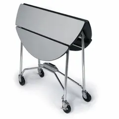Round room service table with a 40-inch overall diameter and 1-inch thick top. Silver finish. Suitable for food service and hospitality settings where a mobile serving surface is required.