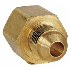 Brass flared coupling for joining tubes of different diameters in fluid systems. Connects 1/2 in OD and 3/8 in OD tubing. Meets SAE J513 standards. Supplied in a 10-pack.