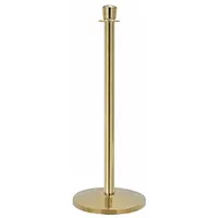 Steel tapered rope barrier receiver post with a 39-inch height, designed for rope spans of 36 to 40 inches. Features a polished brass dome top. Not ADA compliant. Used for managing pedestrian flow and queue lines in commercial or public spaces