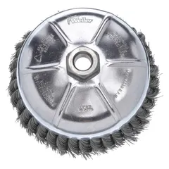 This WEILER cup brush is designed for heavy cleaning and surface preparation on contoured carbon steel surfaces. It features standard twist knot wire bristles with a 0.014 in fill diameter and a 2 3/4 in overall diameter. The brush connects via a 5/8"-11 arbor hole, suitable for aggressive removal of rust, scale, and weld splatter on irregular shapes.