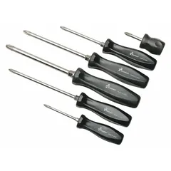 This 6-piece screwdriver set features Phillips tips and includes a storage case. The hex bolster design allows for increased torque application. Suitable for driving #1 Phillips fasteners in assembly, maintenance, and repair tasks.