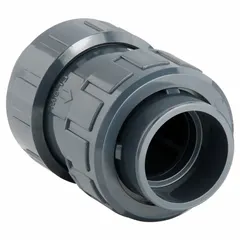 Inline ball check valve with PVC body and EPDM seal. Prevents backflow in piping systems. True union socket connections for easy installation and maintenance. Suitable for water treatment, chemical processing, and fluid handling applications where corrosion resistance is required.