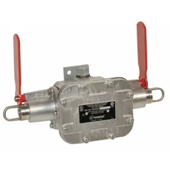 Cast aluminum double-head cable-pull switch with left and right pull cord locations. Maintained action with actuator reset and flag arm indicator. Rated 1 HP @ 240V AC, 15 A @ 240V AC, 0.8 A @ 115V DC. Conduit wiring entry. Used for emergency stop applications on conveyors and machinery.