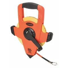 Open-reel long tape measure with a 200 ft fiberglass blade featuring double-sided SAE/Engineers scale and 1/8 in graduations. Plastic case with ring end and loop end. Suitable for measuring long distances in construction, surveying, and industrial layout work.