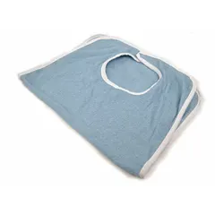 Cotton terry bib for use in hospitality, healthcare, and food-service settings to protect clothing during dining or care activities. Measures 18 inches in length and 30 inches in width. Blue color.