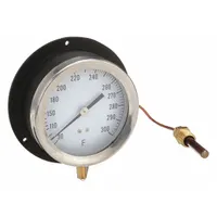 This panel mount dial thermometer features a 4.5-inch dial diameter and an accuracy of ±1 °F scale division. It is suitable for general purpose temperature monitoring in industrial panels, HVAC systems, and process equipment where a durable, easy-to-read analog display is required