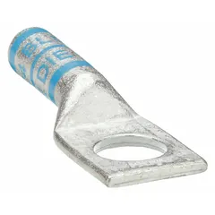 This one-hole compression lug is designed for terminating 6 AWG stranded copper wire. It features a long copper barrel and a 3/8 in stud size, suitable for industrial electrical connections such as power distribution and control panels.