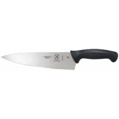 This 9-inch chef's knife features a stamped steel blade with a sharp edge and a black Santoprene/Polypropylene handle. It is NSF certified for use in commercial food service environments. Suitable for chopping, slicing, and dicing tasks in professional and home kitchens.