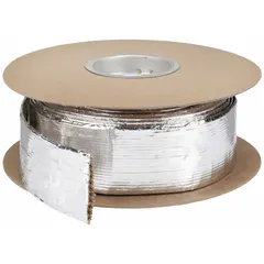 This heat-reflective cable sleeving is constructed from fiberglass with a silver finish. It has an inside diameter of 1-1/2 in and a length of 50 ft, operating within a temperature range of -76°F to 1,200°F. Compliant with FAR-25 standards, it is used to protect wiring from high heat in applications such as engine compartments and exhaust areas.