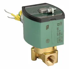 This 2-way/2-position normally open solenoid valve features a brass body and 1/4 in pipe size, operating on 24V DC. Designed for high-flow applications, it is suitable for on/off control of water, air, and light oil in industrial fluid systems. Supplied without a junction box.