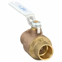 Two-piece straight ball valve with brass/bronze body and sweat x sweat connections. Lever handle for manual on/off or flow control. Suitable for use in plumbing, HVAC, and industrial piping systems with copper tubing