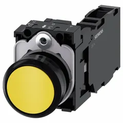 Momentary-action flush-mount push button from the Siemens 3SU series. Features a non-metallic operator with a 22 mm flush profile and 1 normally open plus 1 normally closed contact. Suitable for control panel applications in industrial automation and machinery.