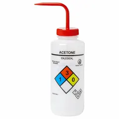 Wide Mouthed Standard Spout Wash Bottle, 1 L, Acetone, Vented, Colorless Body, Red Closure