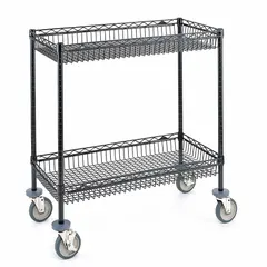 Two-shelf utility cart with deep lipped wire shelves and flat shelf orientation. Measures 48 in L x 18 in W x 39 in H with a black finish. Equipped with four swivel casters for maneuverability. Supports up to 800 lb for transporting supplies, tools, or materials in warehouses, factories, and commercial kitchens.