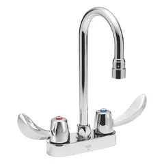 This centerset handle bathroom faucet from the Delta Commercial series is constructed of cast brass with a polished chrome finish. It is suited for commercial sink applications in settings such as hotels, restaurants, and office restrooms.