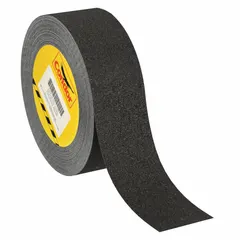 This heavy traffic antislip tape is a solid black rubber continuous roll, 1 inch wide by 60 feet long, with a 41 mil thickness and 46 grit size. It features a very coarse surface abrasive and aggressive adhesive, and is chemical-resistant. Suitable for indoor and outdoor use in oily and muddy environments, it meets OSHA specifications.
