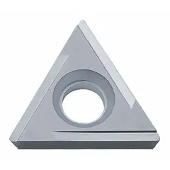 Carbide triangle turning insert with three cutting edges for light to medium finishing cuts. Used for precision turning, facing, and profiling on CNC lathes and manual machines in general machining applications.