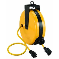 Self-retracting cord reel with ratchet lock mechanism for adjustable cord positioning. Features 30 ft of 14 AWG SJTW cable terminated with a NEMA 5-15P plug and a NEMA 5-15R receptacle. Suitable for supplying power to tools and equipment in workshops, warehouses, and maintenance areas.