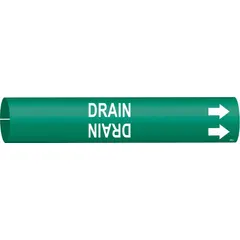 Green pipe marker with white legend reading 'Drain' and directional arrows. Fits pipe outer diameters from 3/4 to 1-3/8 inches. Used to identify drain lines in industrial, commercial, and facility piping systems for clear labeling and maintenance reference.