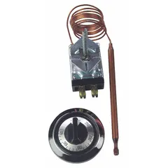 Electric thermostat with dial range 60 to 250, 60-inch capillary, and 2-inch stem. Operates on 120V AC input voltage. Used in commercial cooking equipment for temperature control.