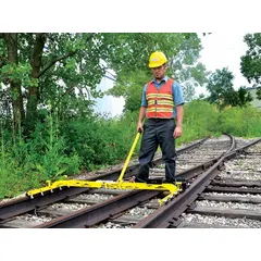 Rolling track gauge for measuring rail gauge on railroad tracks. Weighs 34 lb and has a track length of 56 1/2 in. Used by maintenance crews to verify rail alignment and spacing.