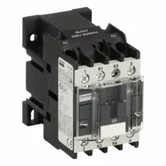 This non-reversing IEC contactor features 4 poles with 2 normally open and 2 normally closed contacts, rated at 9 A with a 240V AC coil. It is used for on/off control of electrical loads such as motors in conveyors, pumps, and compressors. No integrated surge suppression is included.