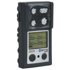 The Ventis MX4 multi-gas detector from INDUSTRIAL SCIENTIFIC is configured to detect hydrogen gas. Housed in a black enclosure, it is powered by a lithium-ion battery. This instrument is used for personal safety monitoring in industrial environments where hydrogen may be present.