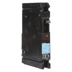 70 A molded case circuit breaker from the ED4 series with a maximum AIR rating of 22kA at 277V AC. Features a fixed instantaneous trip and accepts any phase connection. Equipped with load-side lug terminals for wiring. Suitable for overcurrent protection in branch circuits, feeder protection, and equipment disconnection in electrical distribution systems.