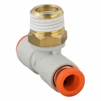 Polybutylene and brass push-fit tee fitting with two 3/16 in OD tube ports and one 1/8 in pipe thread. White. Used for branch connections in pneumatic tubing systems