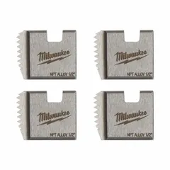 Set of 4 alloy steel dies for cutting 1/2 in NPT right-hand threads on steel pipe. Designed for use with manual and handheld power threaders in plumbing, HVAC, and industrial piping applications.