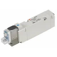 Five-way/two-position directional control valve with double solenoid actuation, 24V DC, 1/8 in port size, spring return, internal pilot, plug-in, and non-locking configuration. Used in pneumatic systems to control the direction of airflow to actuators or cylinders