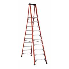 This 10 ft fiberglass podium stepladder supports a 375 lb load capacity and weighs 64 lb. It features a plastic top with storage for tools and materials. Suitable for maintenance, construction, and facility tasks requiring a stable elevated work surface.