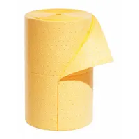 This yellow polypropylene sorbent roll measures 150 ft in length and 24 in in width. It is used for absorbing industrial fluid spills and leaks in plant environments, including machining and electrical areas